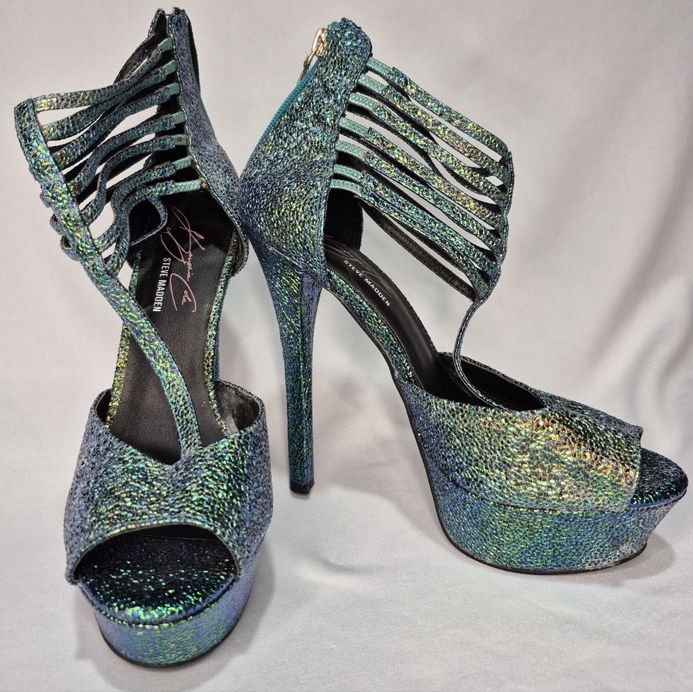Keyshia Cole Steve Madden Sz 9 Pump Heels Women Strappy Shoes Teal Mermaid Scale